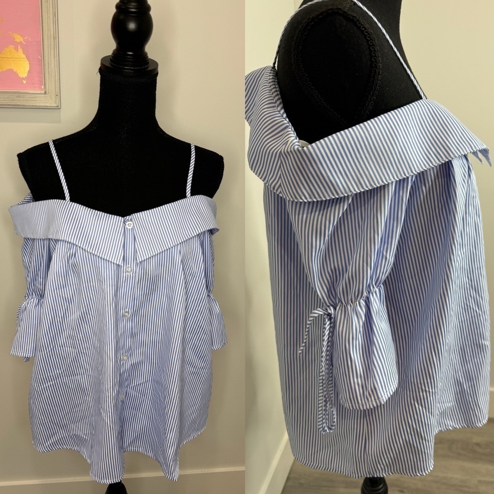 She and Sky Stripe Button Up Blue and White Women’s Blouse (S)